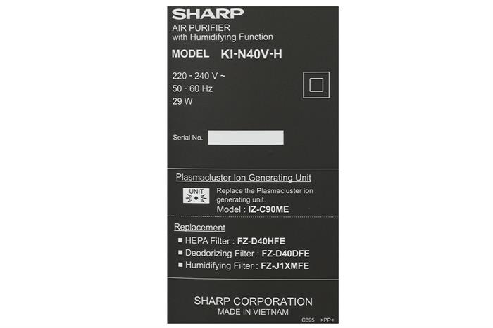 Máy lọc không khí và tạo ẩm Sharp KI-N40V-H 29W